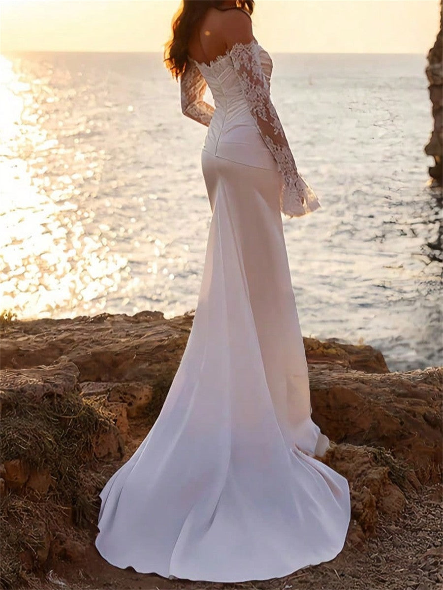 Sheath/Column Off-the-Shoulder Long Sleeves Appliques Lace Court Train Charmeuse Corset Wedding Dress