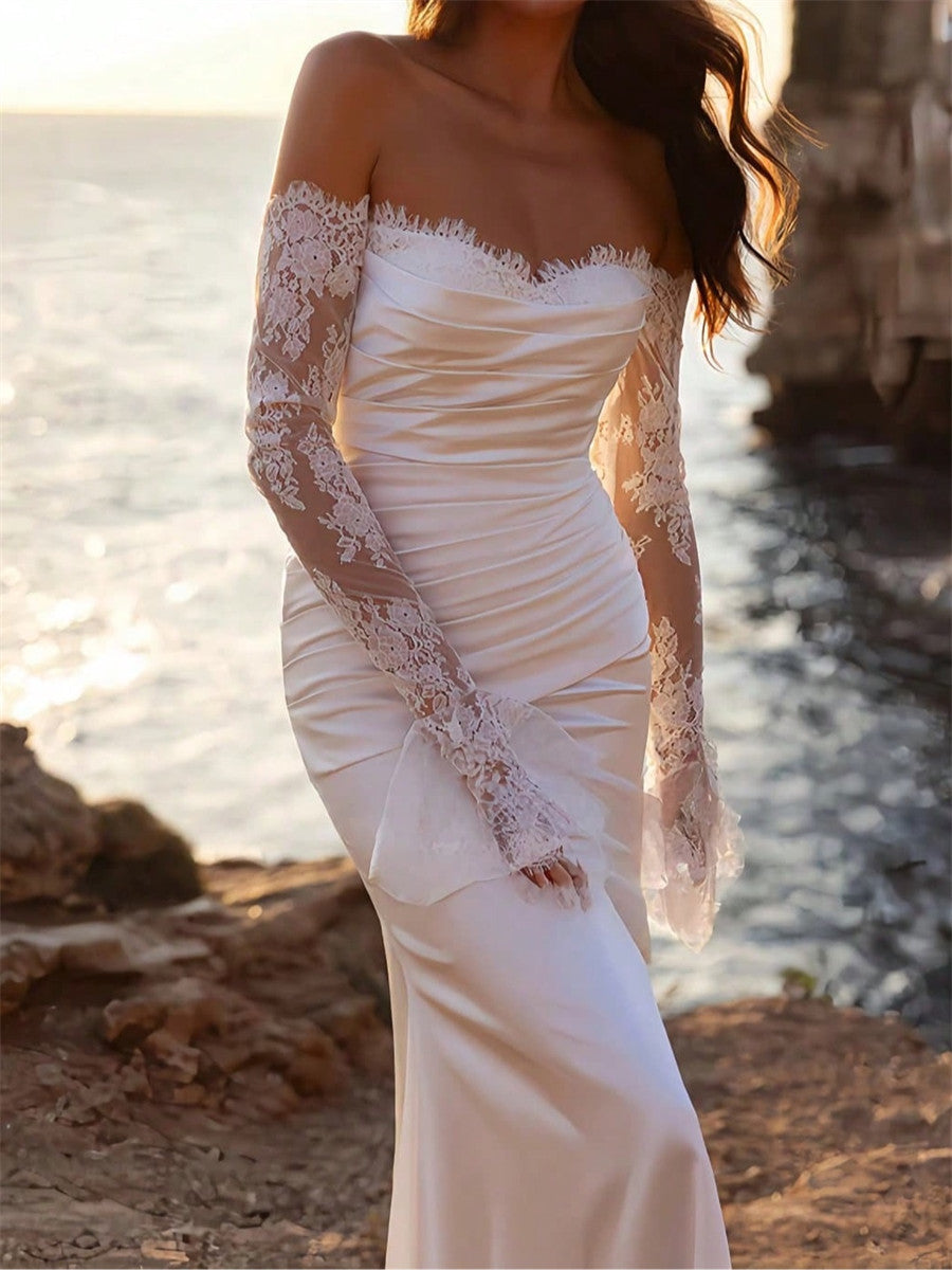 Sheath/Column Off-the-Shoulder Long Sleeves Appliques Lace Court Train Charmeuse Corset Wedding Dress