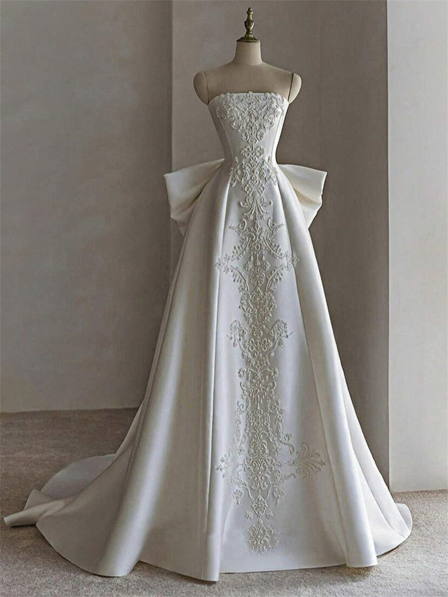 A-line/Princess Straight Bow Court Train Satin Corset Wedding Dress