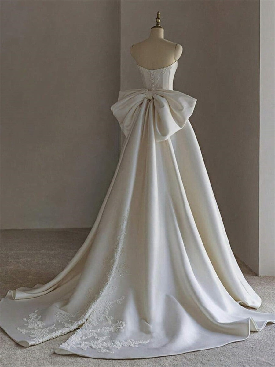 A-line/Princess Straight Bow Court Train Satin Corset Wedding Dress