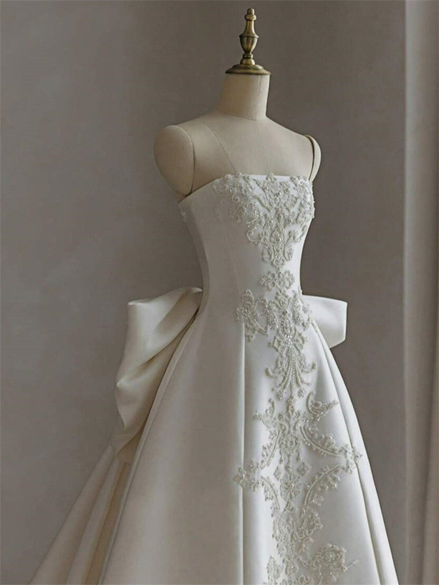 A-line/Princess Straight Bow Court Train Satin Corset Wedding Dress