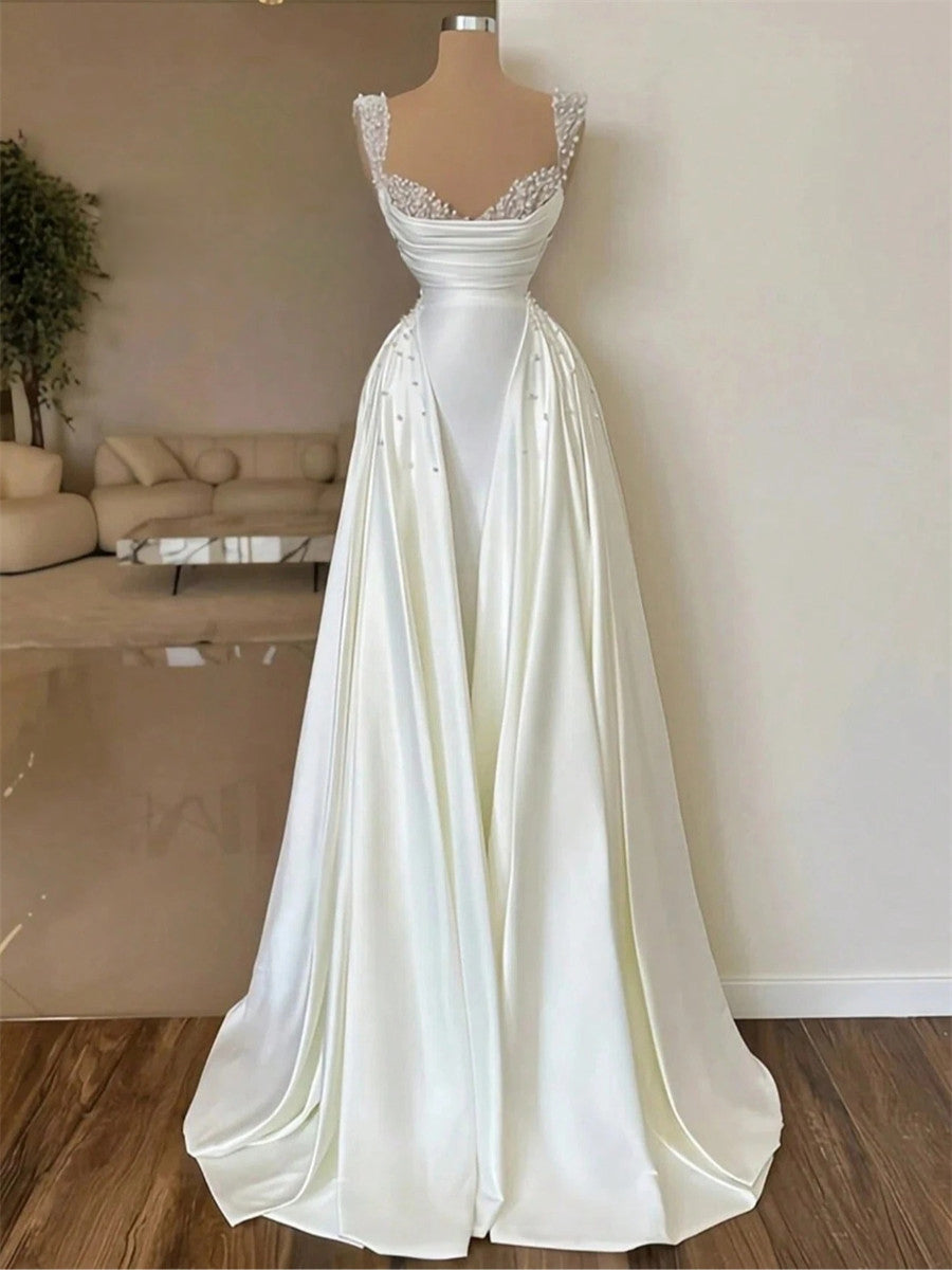 A-line/Princess Straps Beading Floor-Length Corset Wedding Dress
