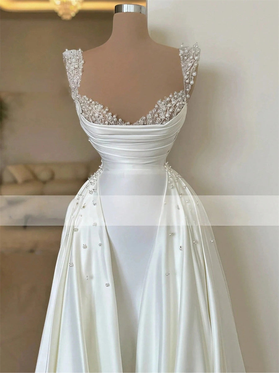 A-line/Princess Straps Beading Floor-Length Corset Wedding Dress