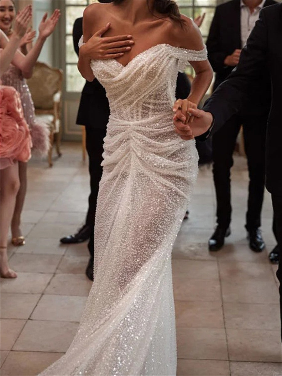 Sheath/Column Off-the-Shoulder Pleated Sweep Train Corset Wedding Dress