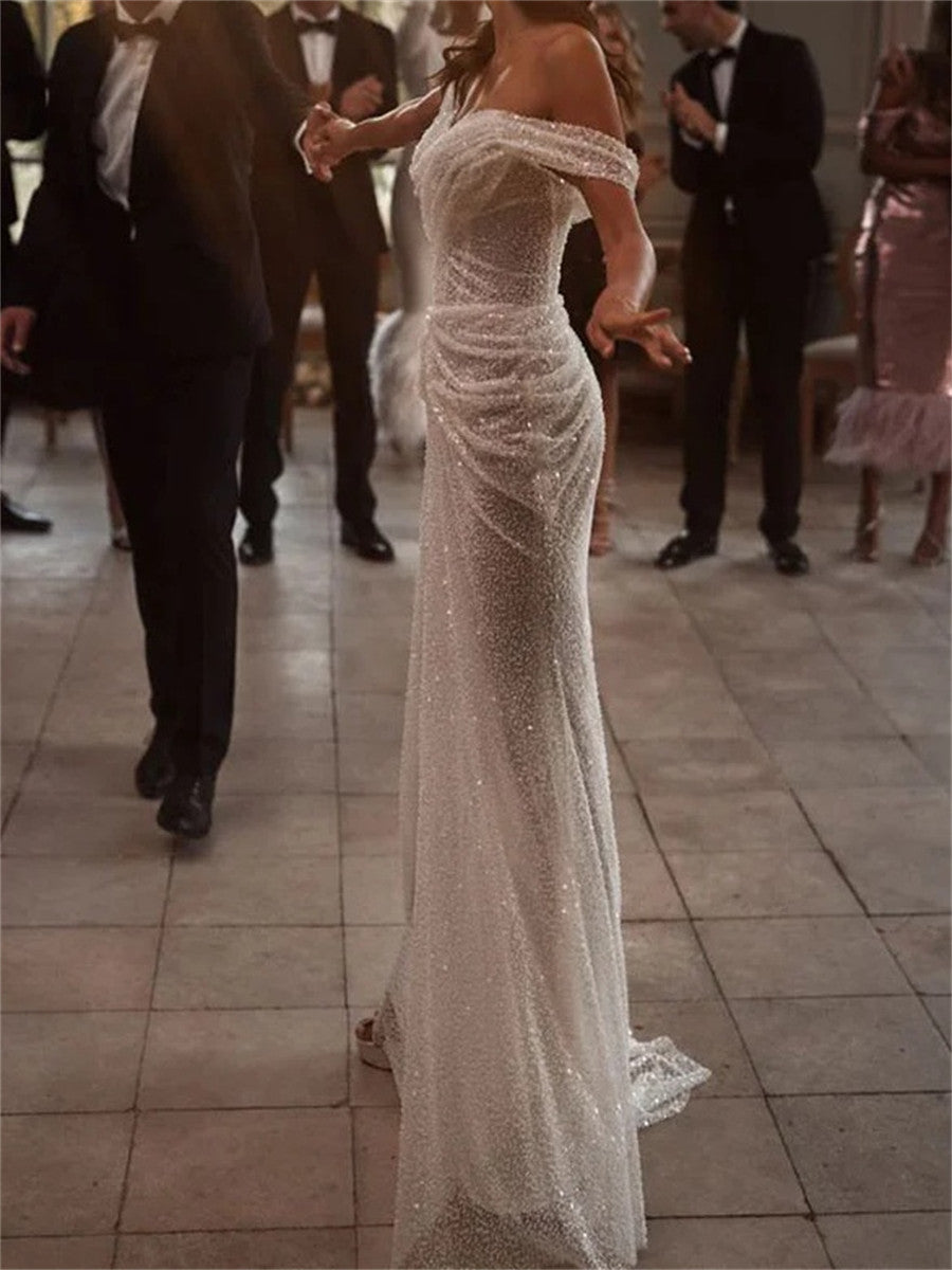 Sheath/Column Off-the-Shoulder Pleated Sweep Train Corset Wedding Dress