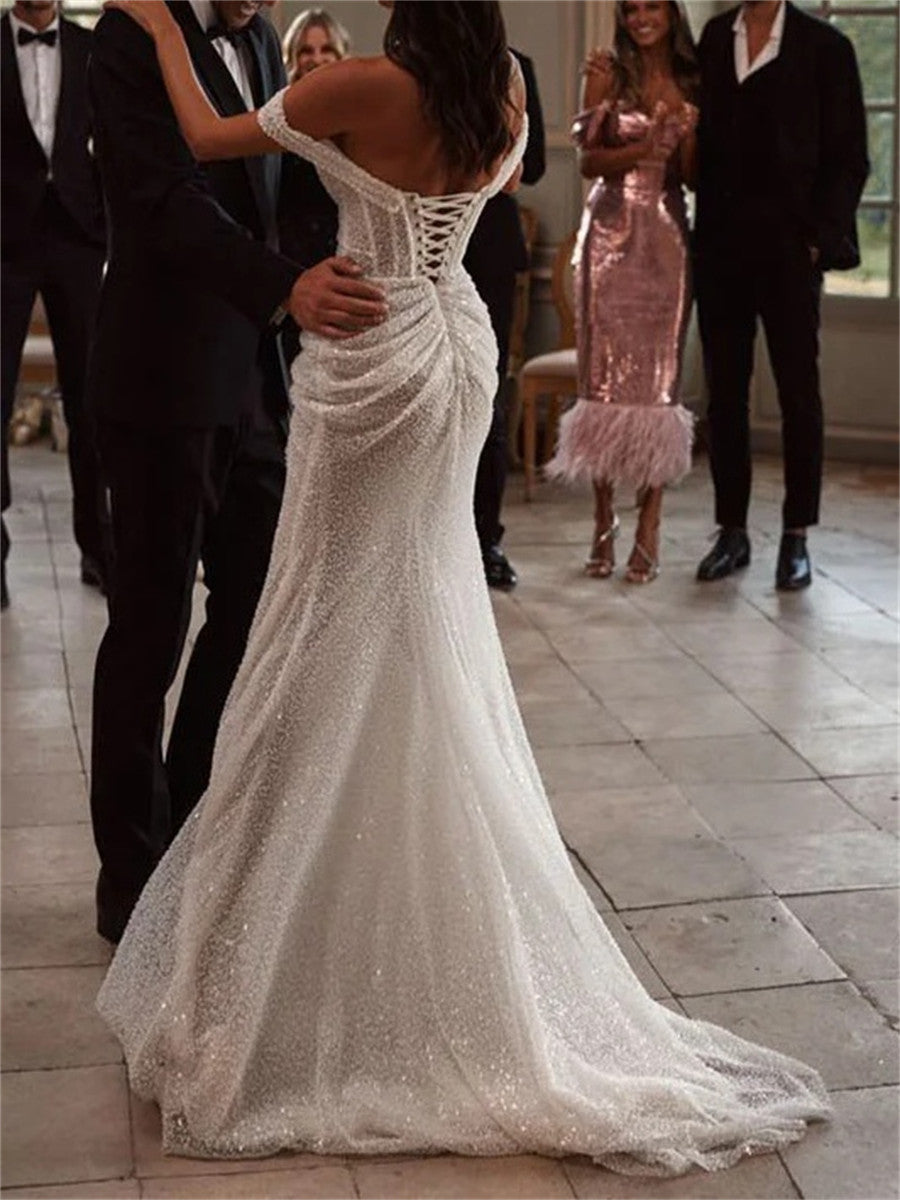 Sheath/Column Off-the-Shoulder Pleated Sweep Train Corset Wedding Dress