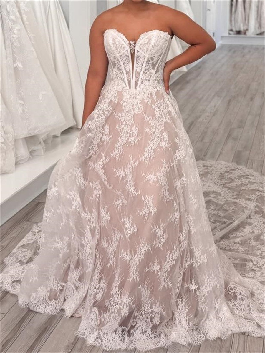 A-line/Princess Sweetheart Appliques Lace Cathedral Train Lace Corset Wedding Dress
