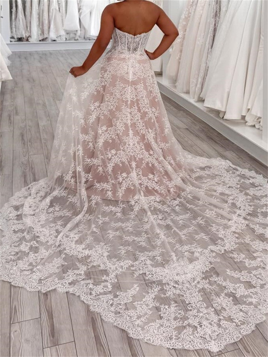 A-line/Princess Sweetheart Appliques Lace Cathedral Train Lace Corset Wedding Dress