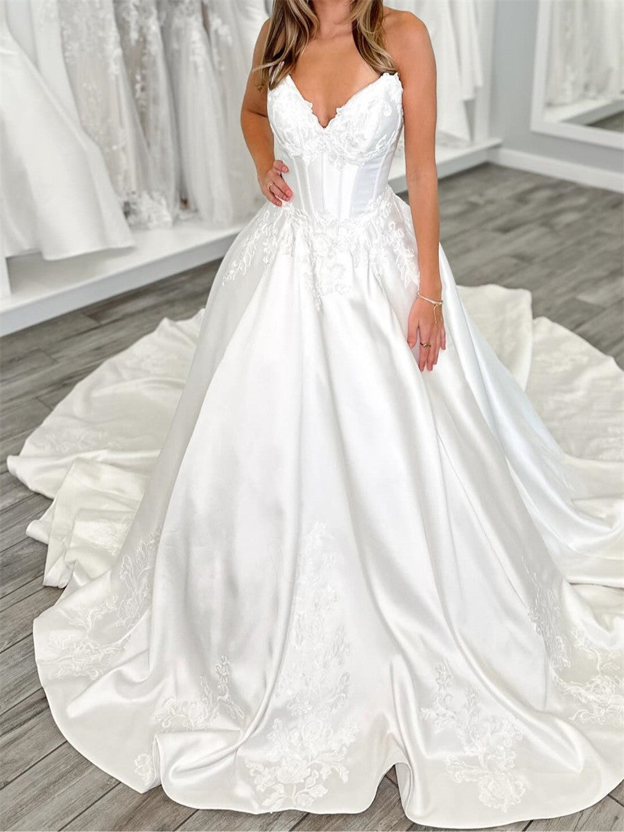 Ball-Gown V-neck Appliques Lace Cathedral Train Satin Corset Wedding Dress