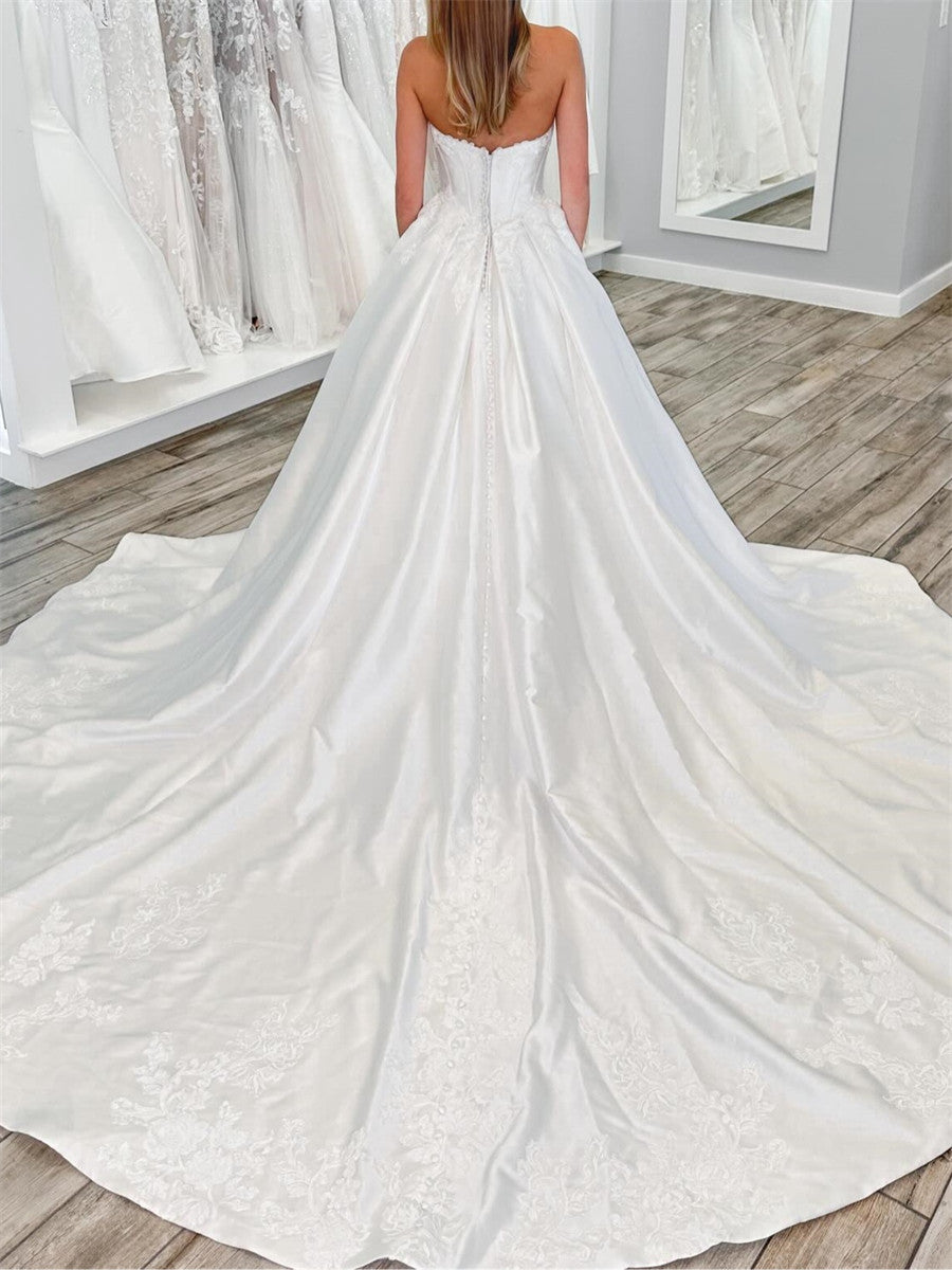 Ball-Gown V-neck Appliques Lace Cathedral Train Satin Corset Wedding Dress