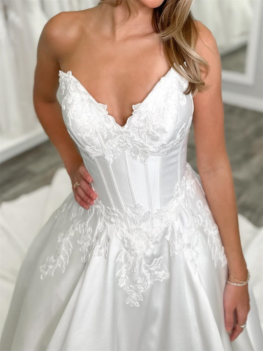 Ball-Gown V-neck Appliques Lace Cathedral Train Satin Corset Wedding Dress