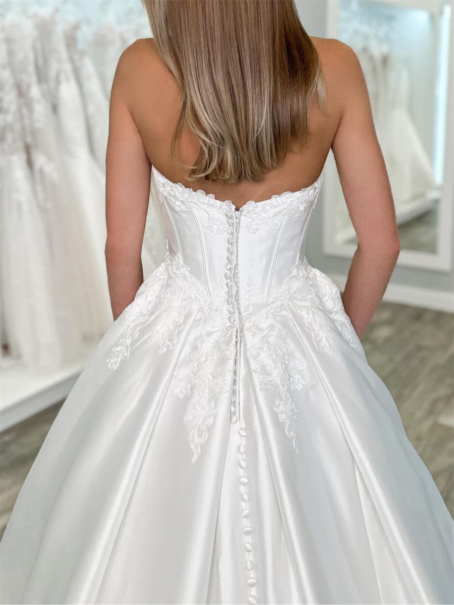Ball-Gown V-neck Appliques Lace Cathedral Train Satin Corset Wedding Dress