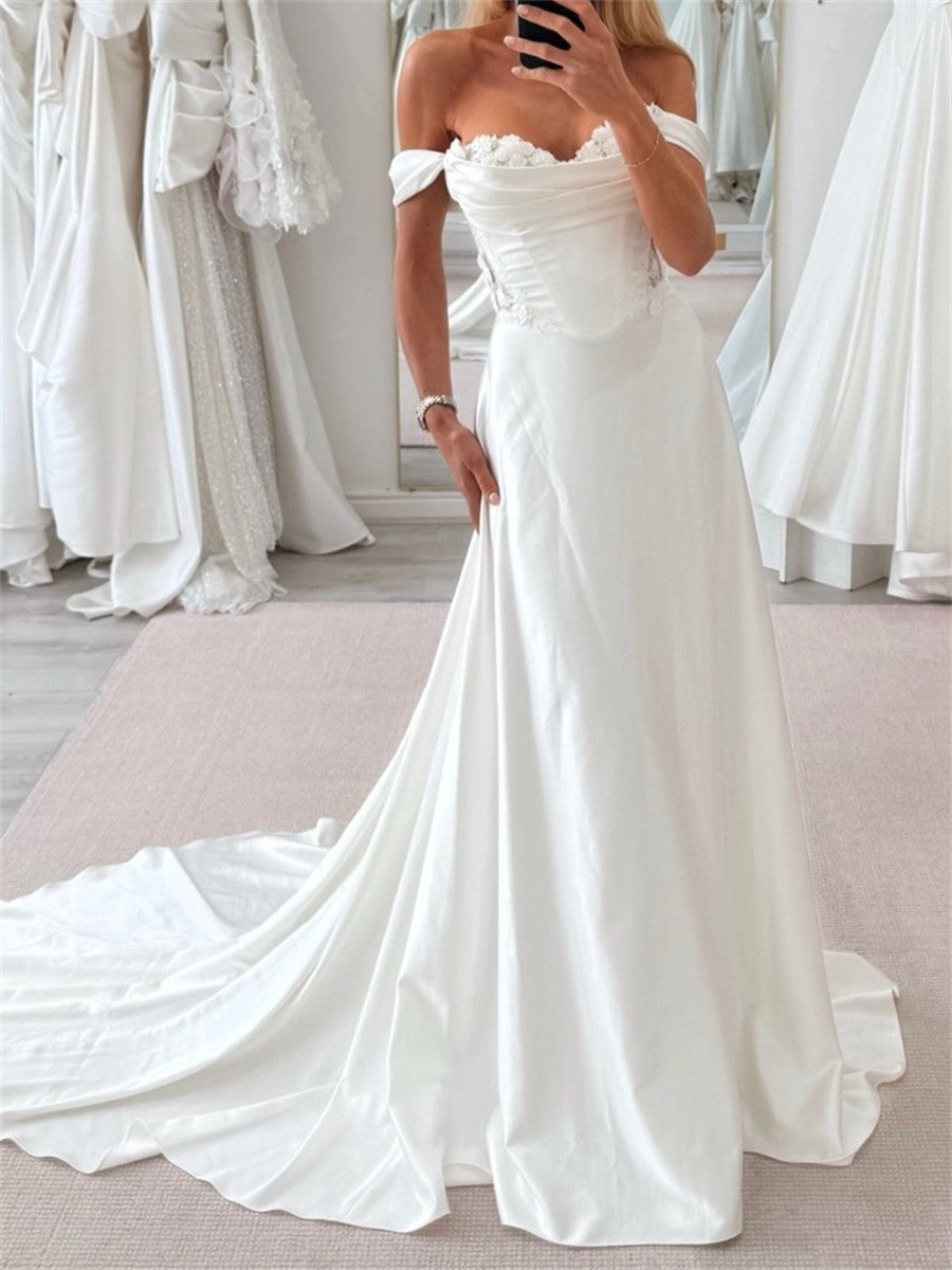 A-line/Princess Off-the-Shoulder Appliques Lace Chapel Train Charmeuse Corset Wedding Dress