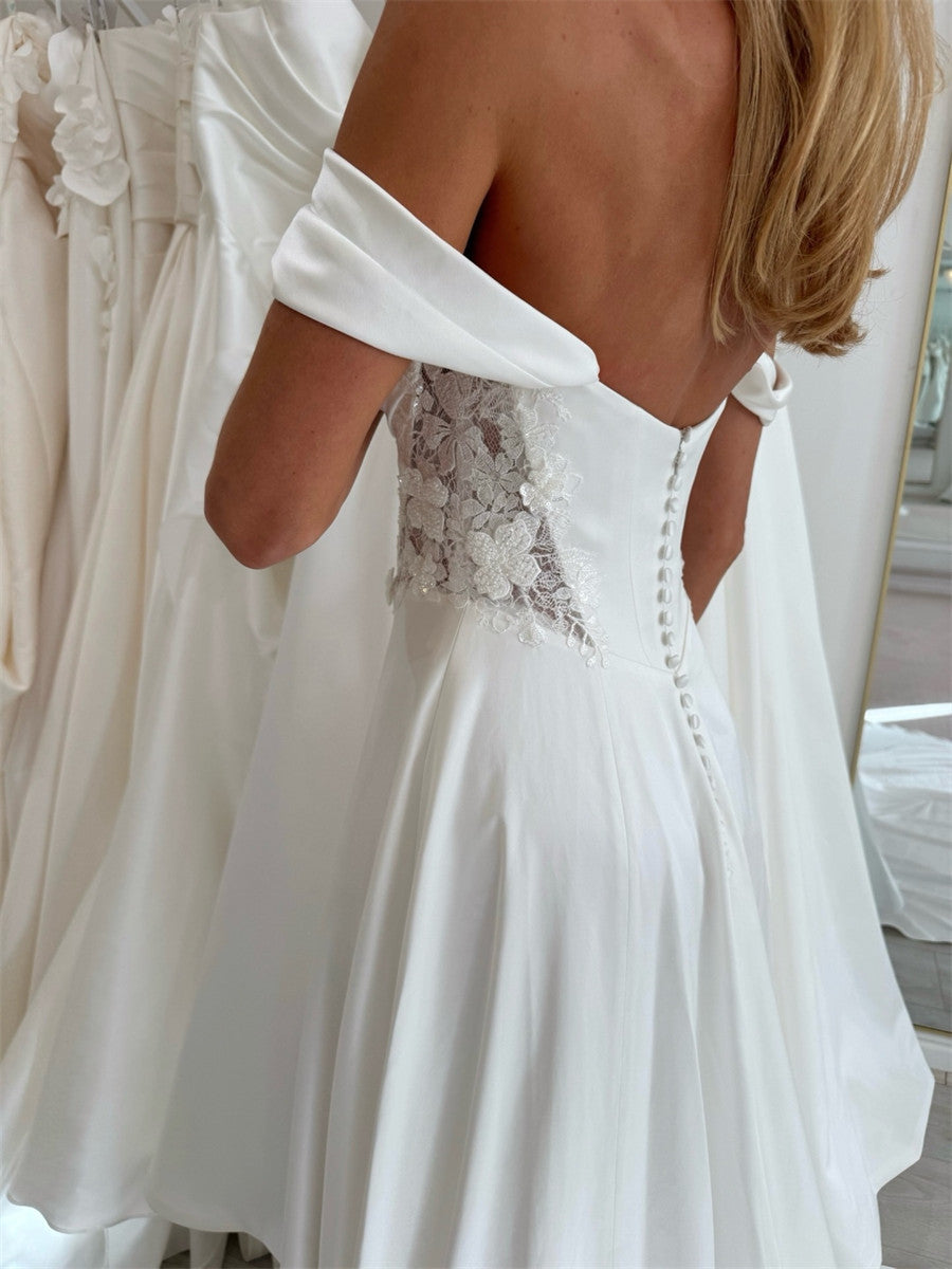 A-line/Princess Off-the-Shoulder Appliques Lace Chapel Train Charmeuse Corset Wedding Dress