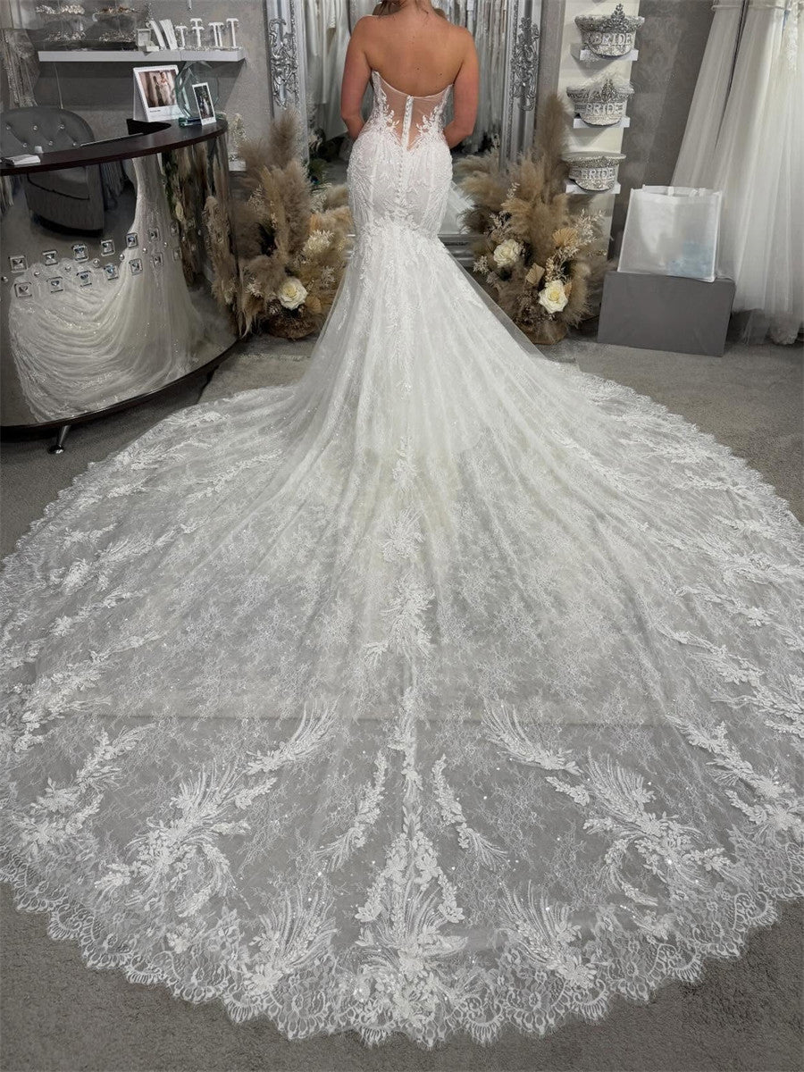 Sheath/Column Sweetheart Appliques Lace Cathedral Train Tulle Corset Wedding Dress