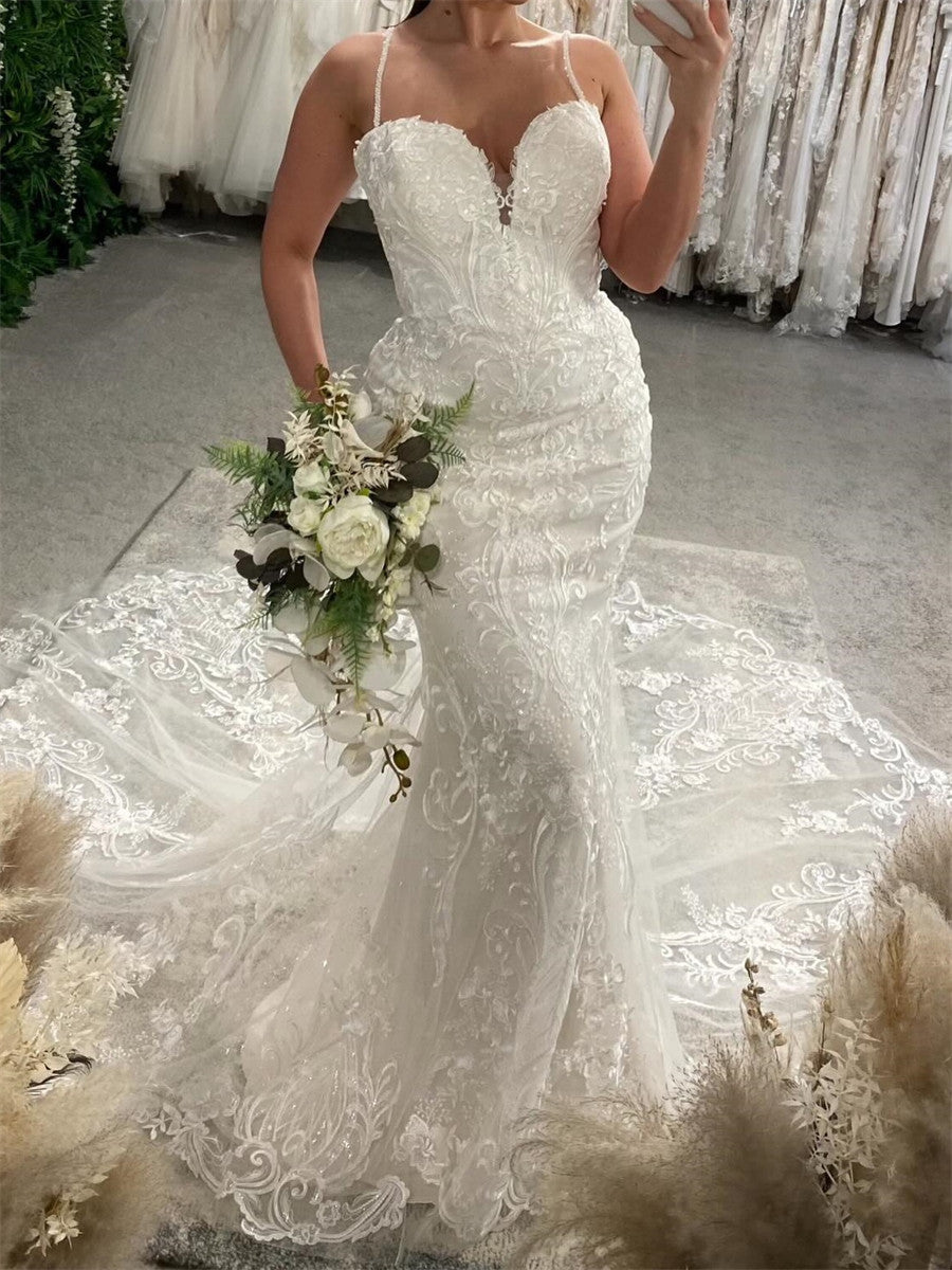 Sheath/Column Spaghetti Straps Appliques Lace Cathedral Train Tulle Corset Wedding Dress