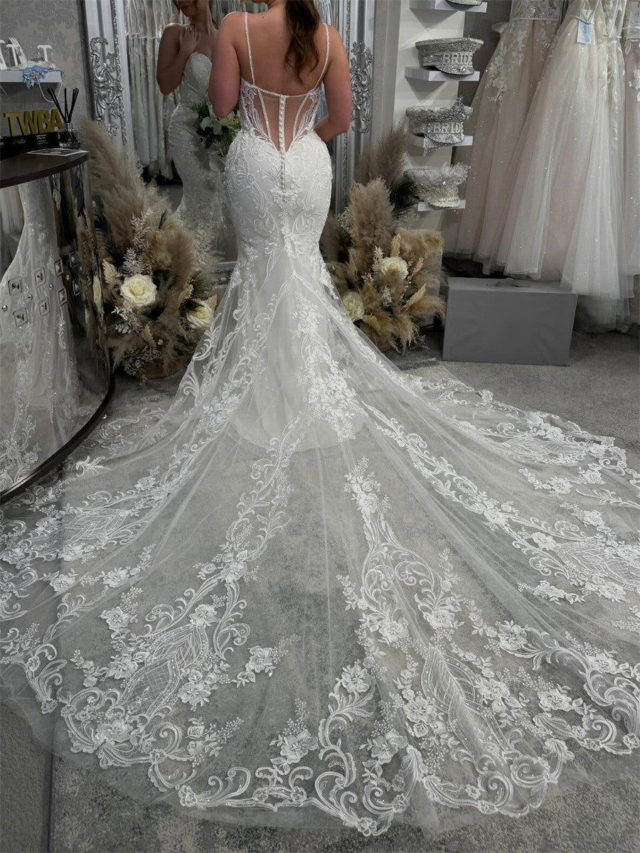 Sheath/Column Spaghetti Straps Appliques Lace Cathedral Train Tulle Corset Wedding Dress