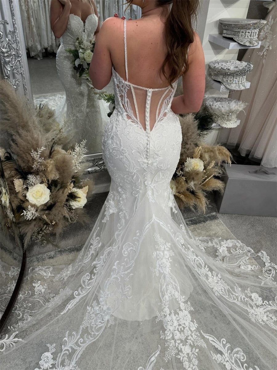 Sheath/Column Spaghetti Straps Appliques Lace Cathedral Train Tulle Corset Wedding Dress