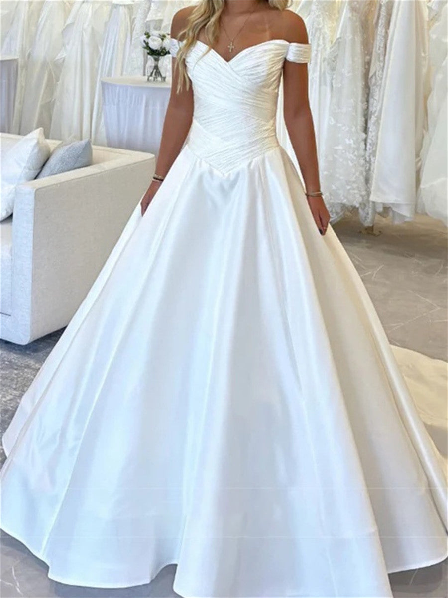 A-line/Princess Off-the-Shoulder Pleated Chapel Train Taffeta Corset Wedding Dress