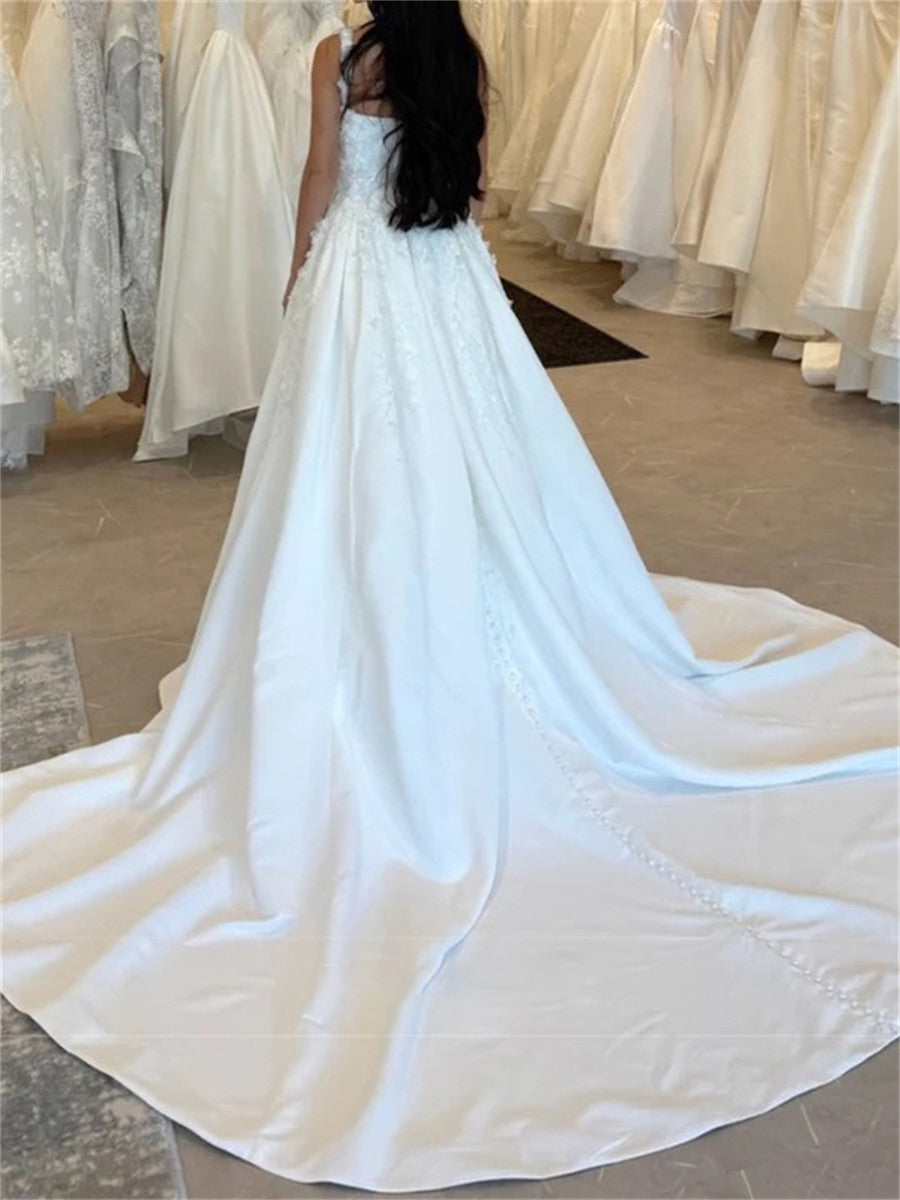 A-line/Princess Off-the-Shoulder Pleated Chapel Train Taffeta Corset Wedding Dress