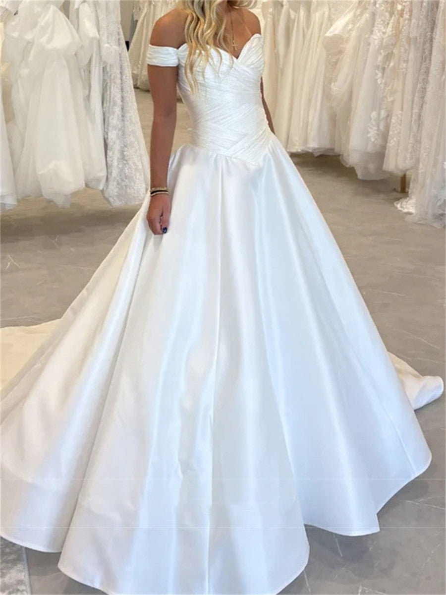 A-line/Princess Off-the-Shoulder Pleated Chapel Train Taffeta Corset Wedding Dress