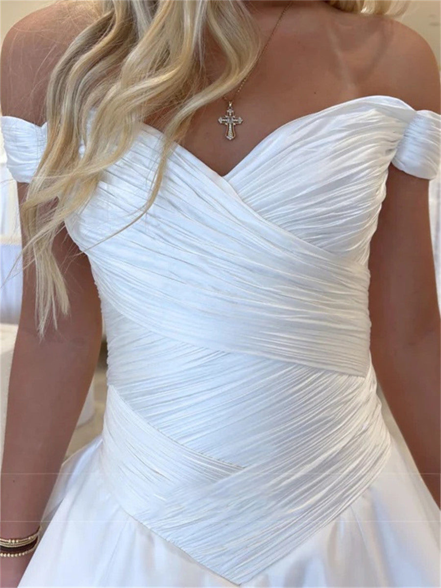 A-line/Princess Off-the-Shoulder Pleated Chapel Train Taffeta Corset Wedding Dress