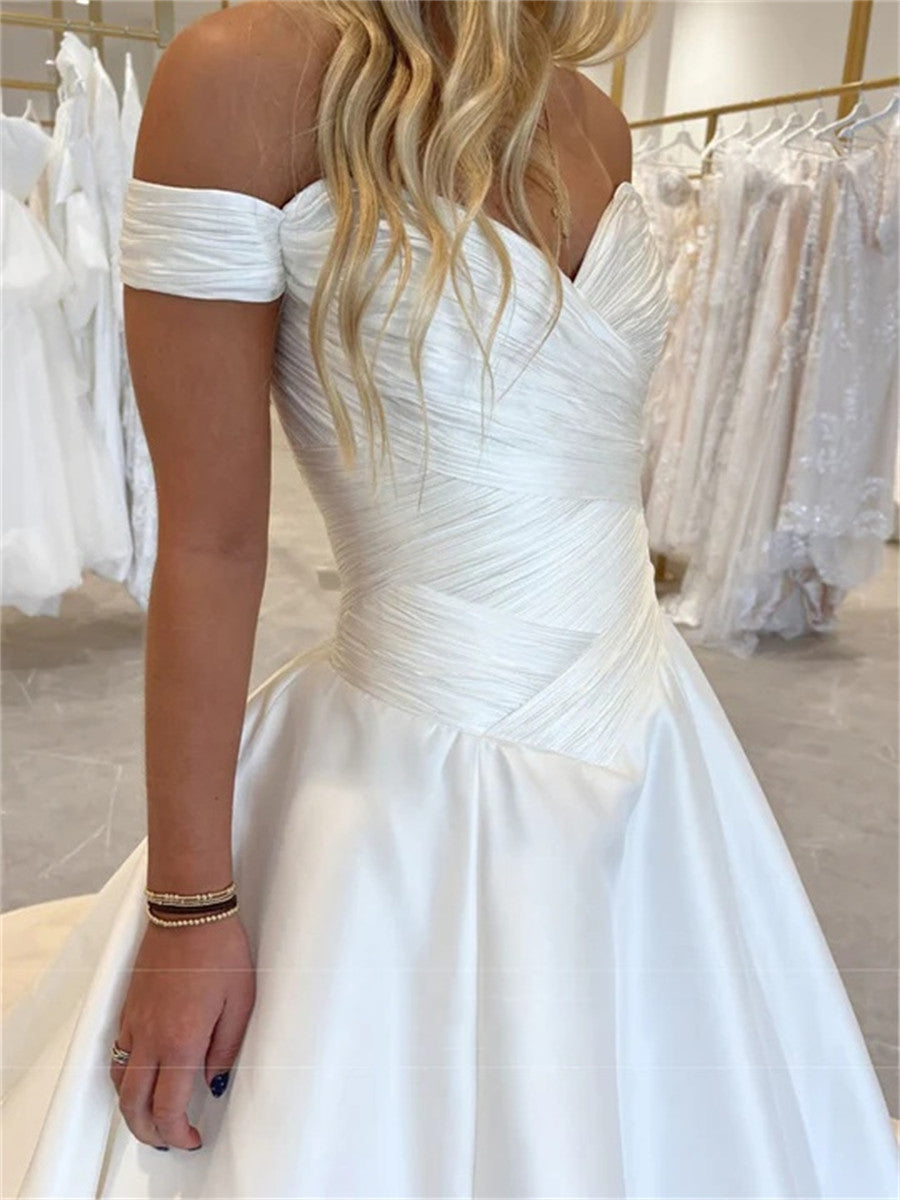 A-line/Princess Off-the-Shoulder Pleated Chapel Train Taffeta Corset Wedding Dress