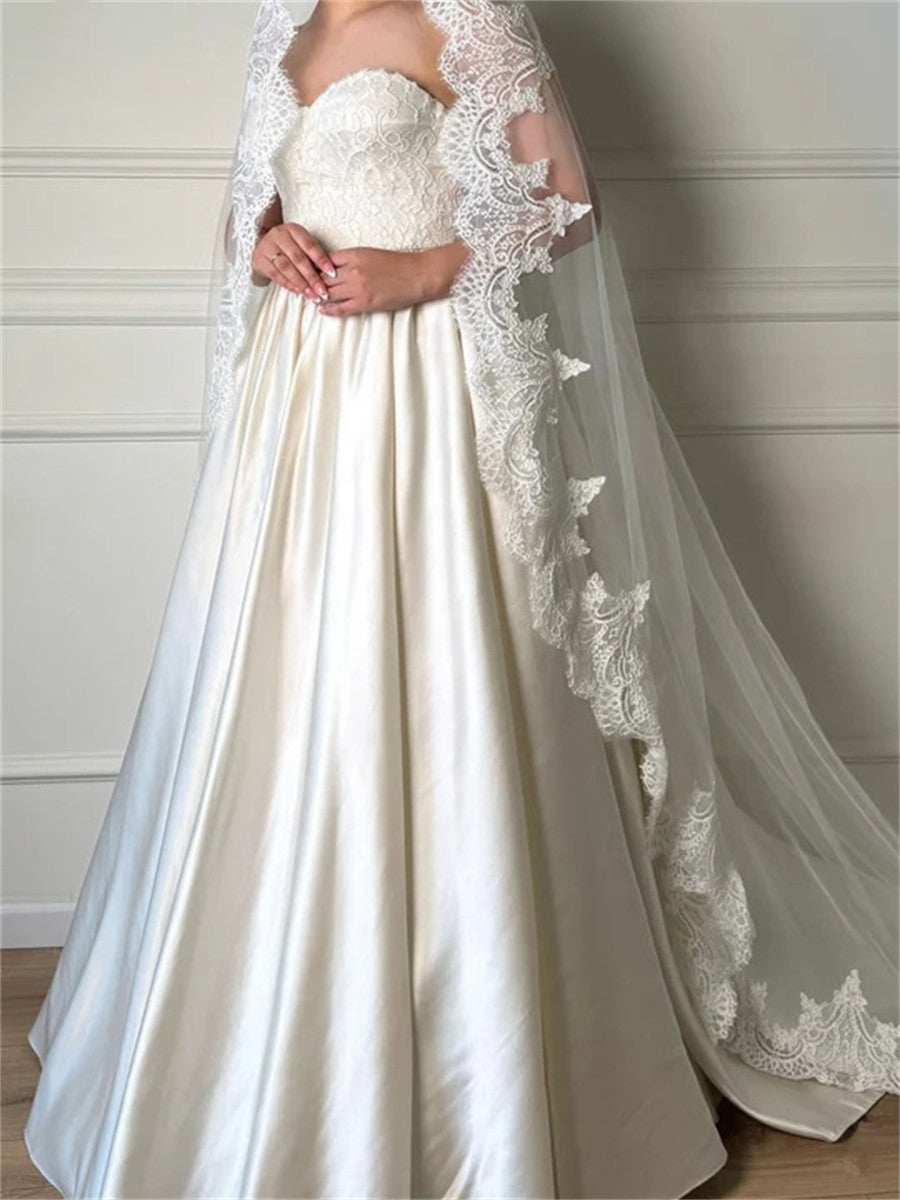 A-line/Princess Sweetheart Long Sleeves Appliques Lace Court Train Satin Corset Wedding Dress