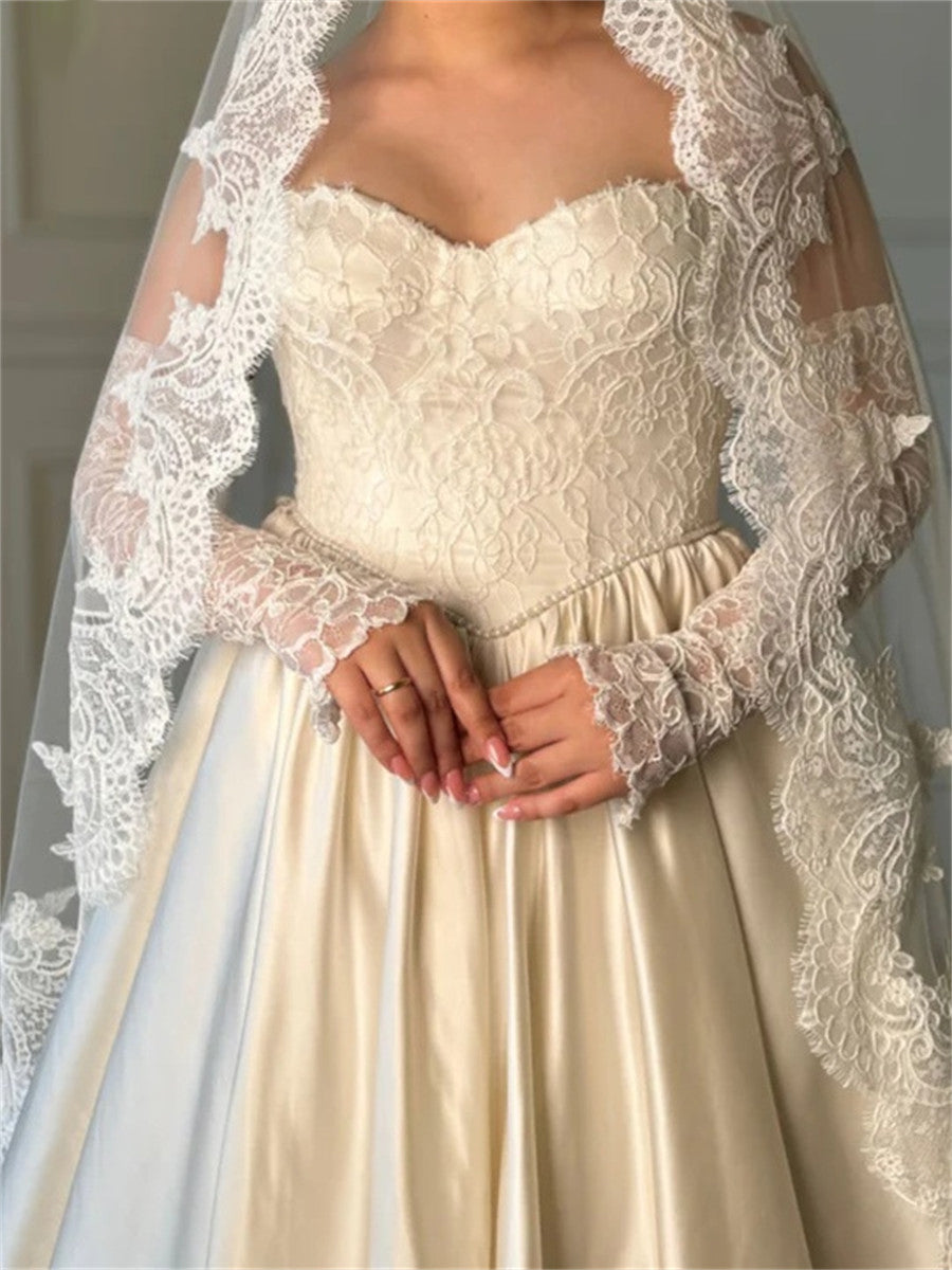 A-line/Princess Sweetheart Long Sleeves Appliques Lace Court Train Satin Corset Wedding Dress