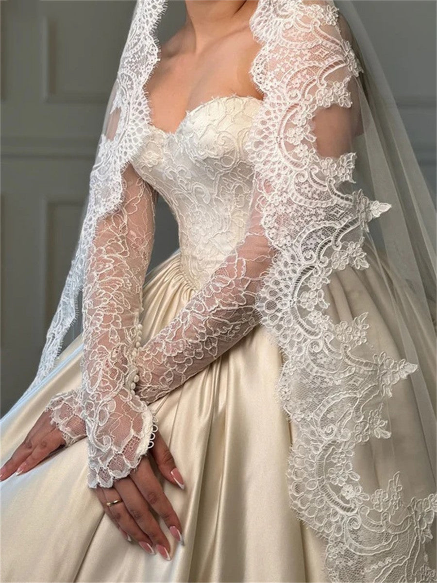 A-line/Princess Sweetheart Long Sleeves Appliques Lace Court Train Satin Corset Wedding Dress