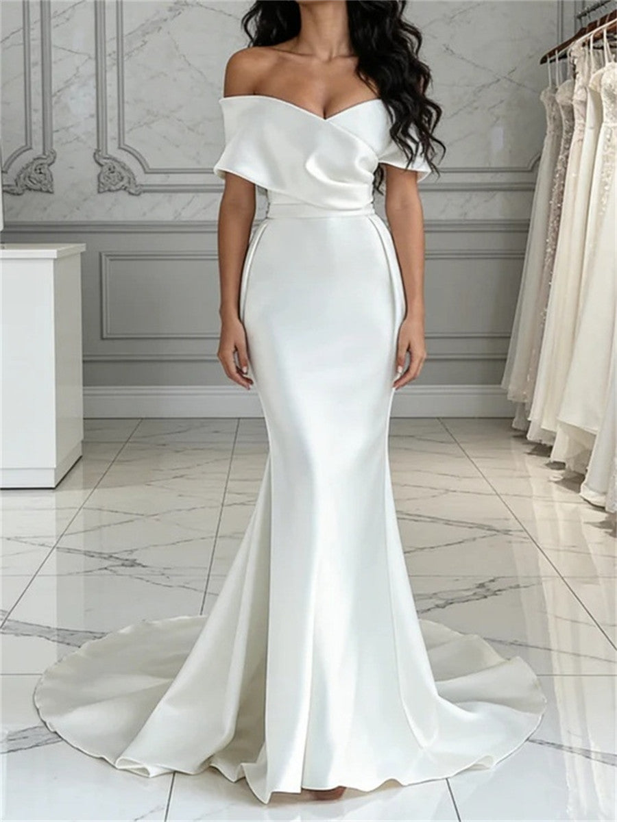 Sheath/Column Off-the-Shoulder Pleated Sweep Train Charmeuse Corset Wedding Dress