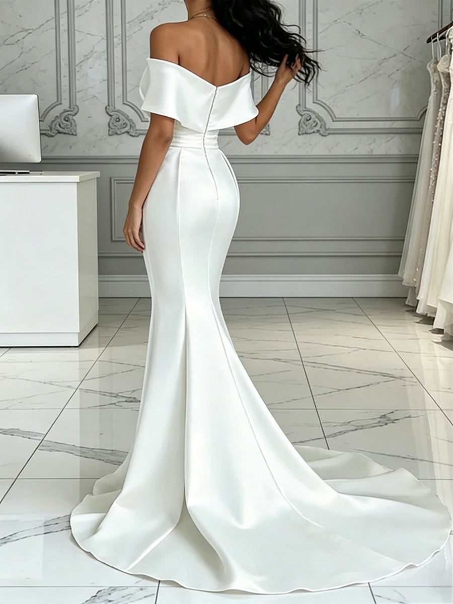 Sheath/Column Off-the-Shoulder Pleated Sweep Train Charmeuse Corset Wedding Dress