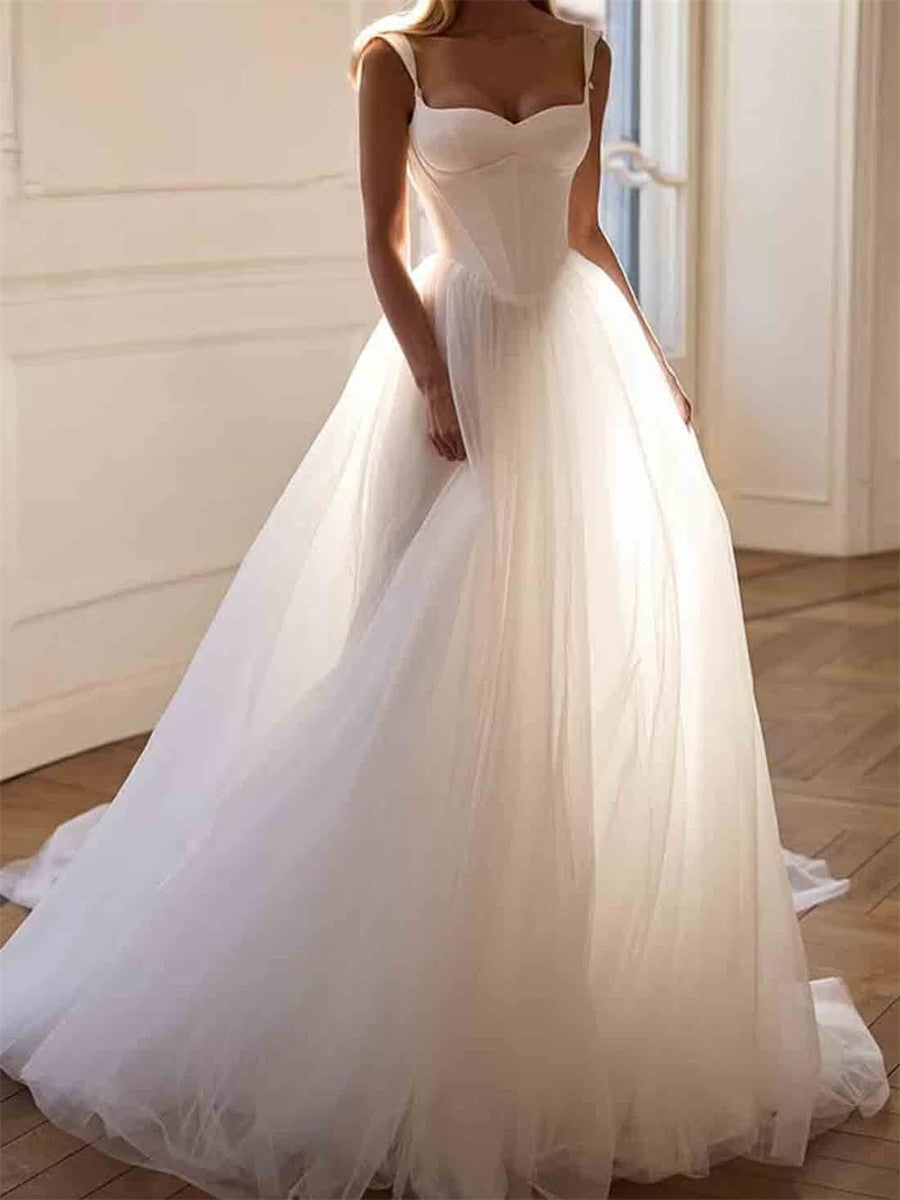 A-line/Princess Straps Cathedral Train Tulle Corset Wedding Dress