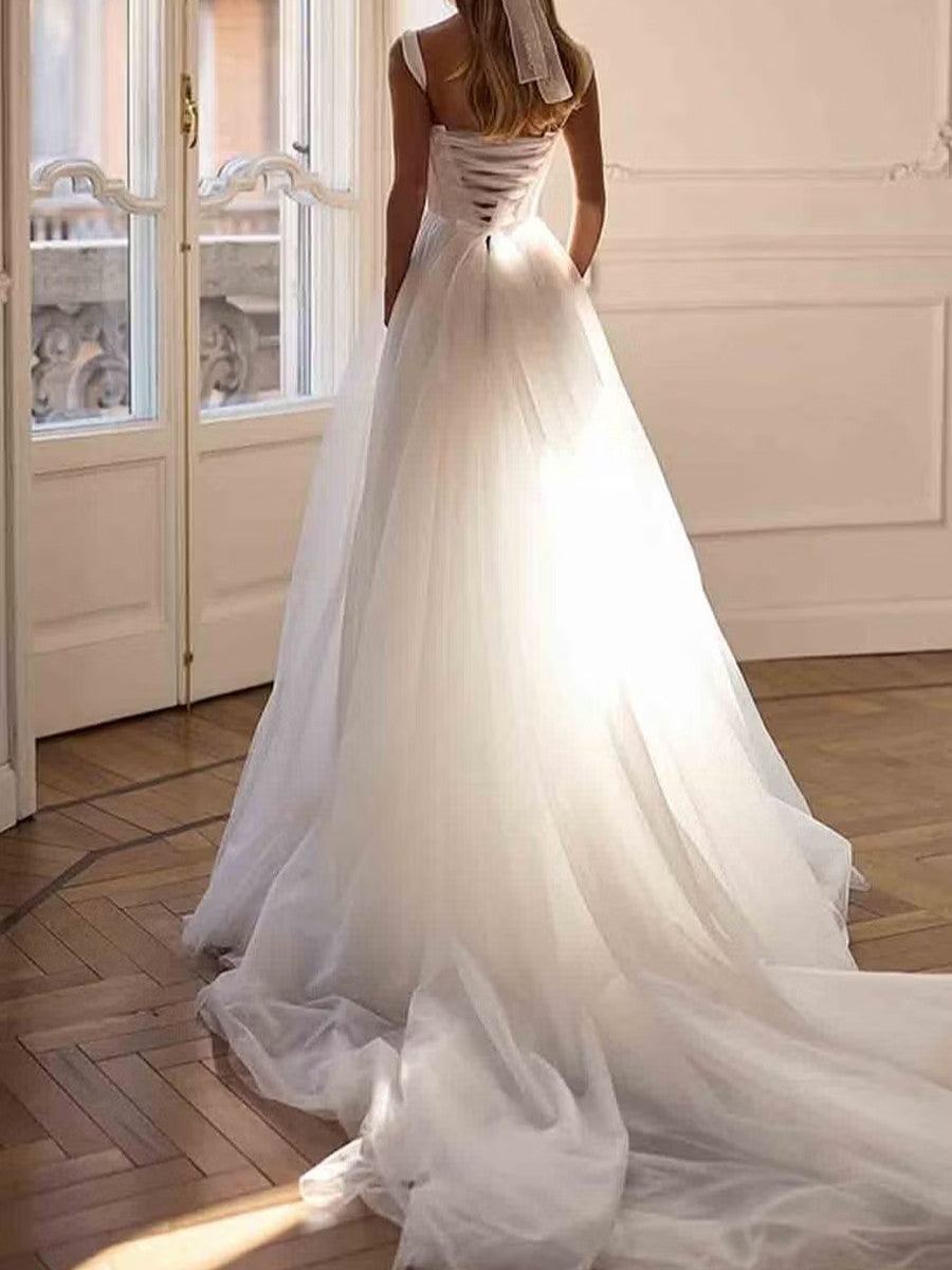 A-line/Princess Straps Cathedral Train Tulle Corset Wedding Dress