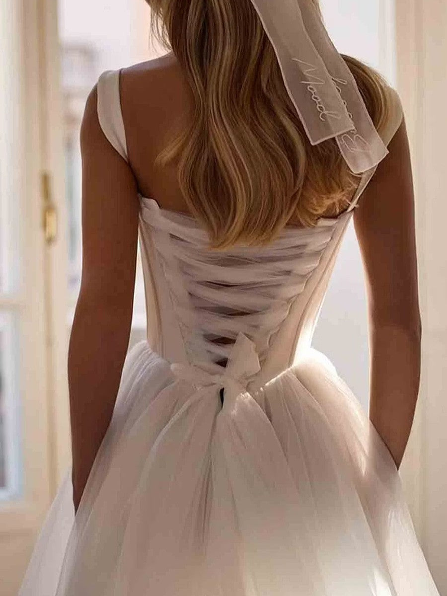 A-line/Princess Straps Cathedral Train Tulle Corset Wedding Dress