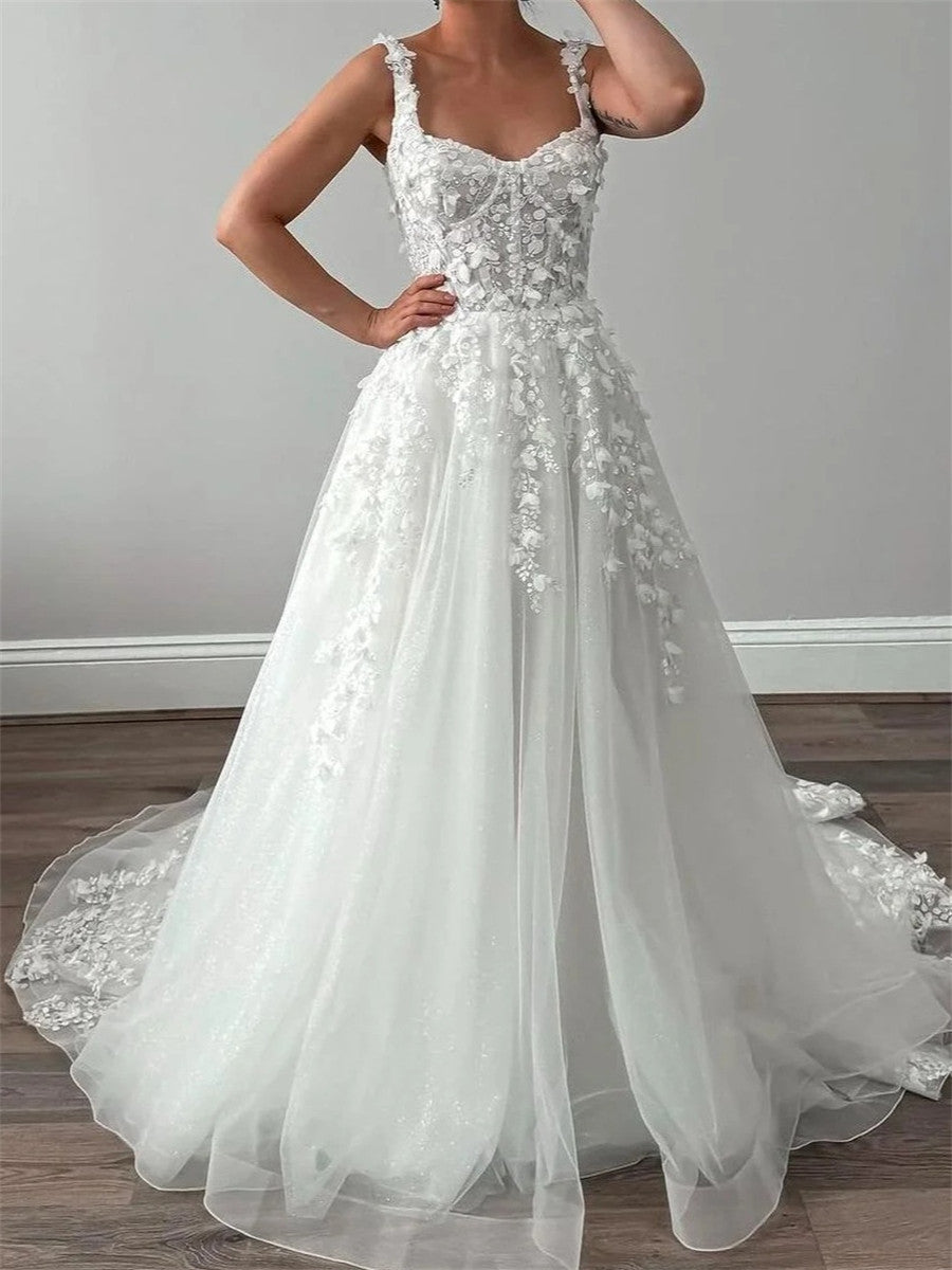 A-line/Princess Straps Appliques Lace Cathedral Train Tulle Corset Wedding Dress