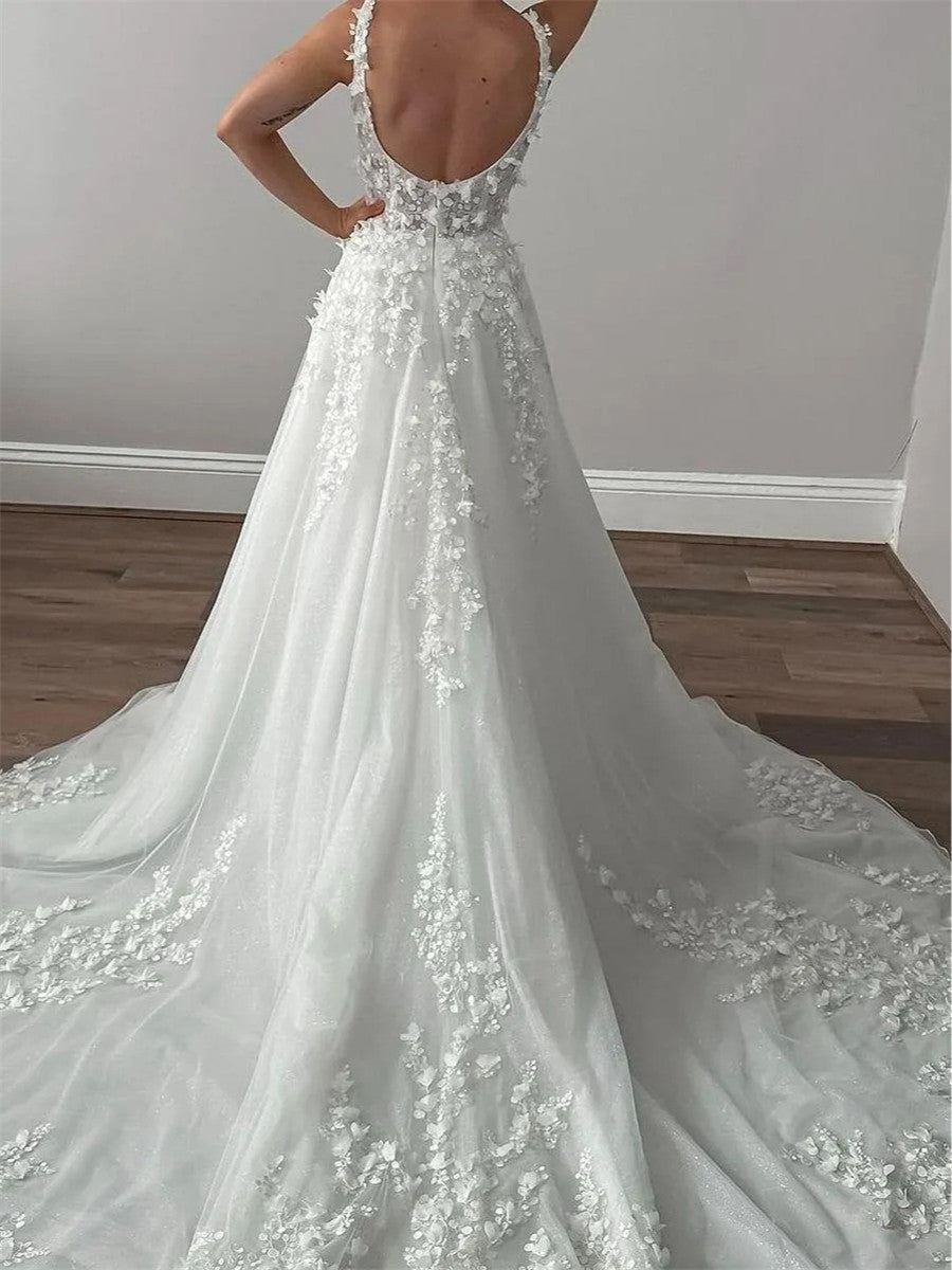 A-line/Princess Straps Appliques Lace Cathedral Train Tulle Corset Wedding Dress