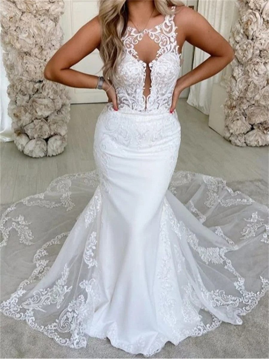 Sheath/Column Scoop Appliques Lace Cathedral Train Stretch Crepe Corset Wedding Dress