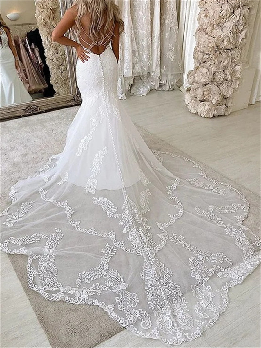Sheath/Column Scoop Appliques Lace Cathedral Train Stretch Crepe Corset Wedding Dress