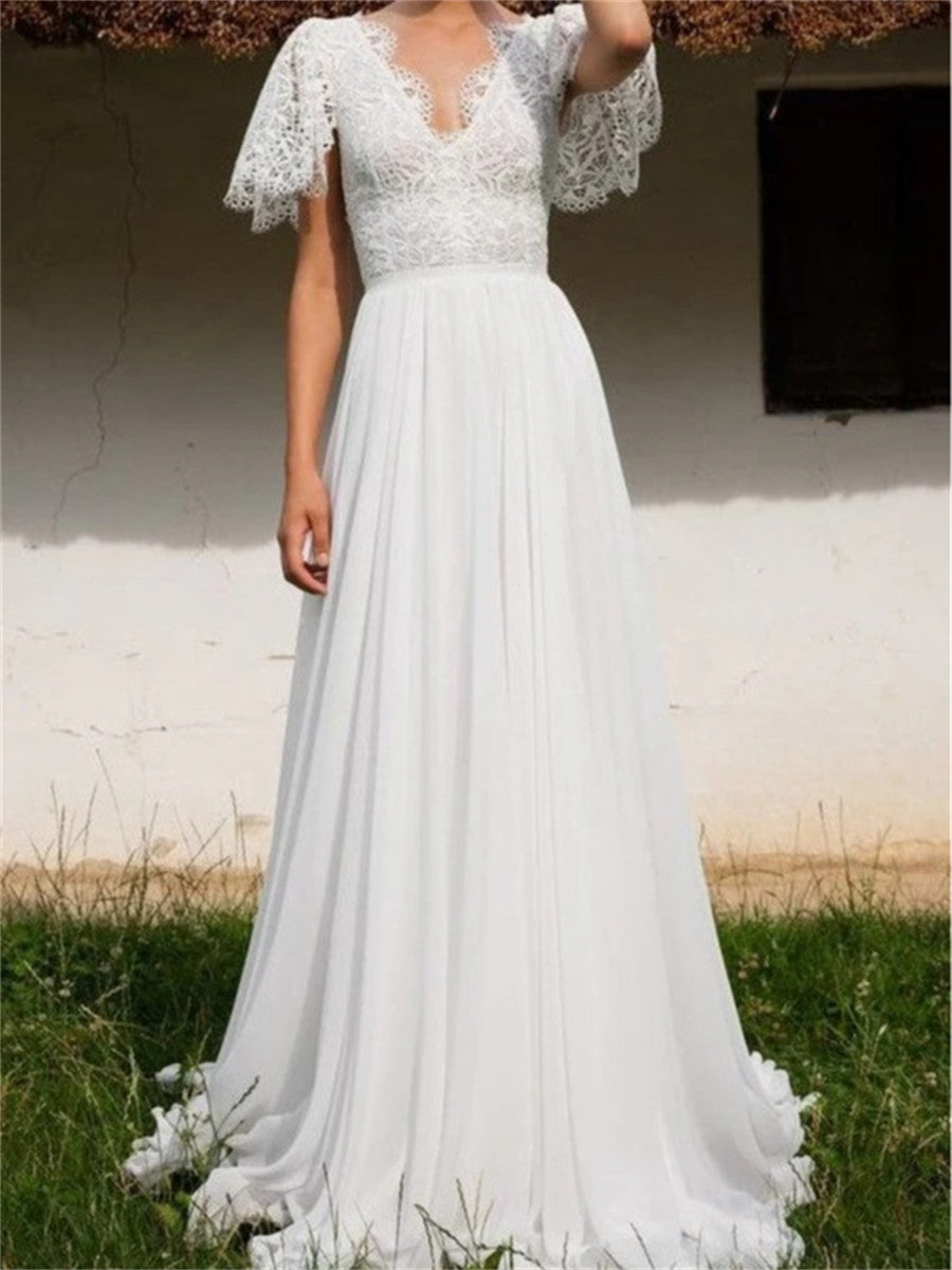 A-line/Princess V-neck Short Sleeves Appliques Lace Floor-Length Chiffon Corset Wedding Dress