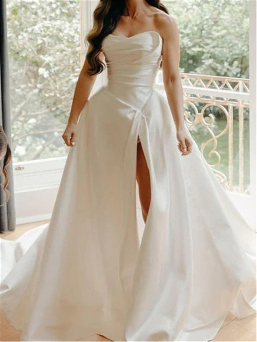 A-line/Princess Straight Pleated Chapel Train Satin Corset Wedding Dress