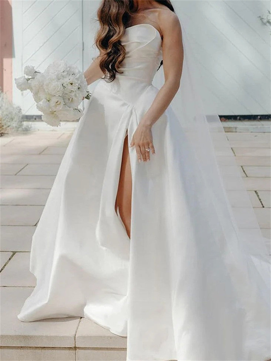 A-line/Princess Straight Pleated Chapel Train Satin Corset Wedding Dress