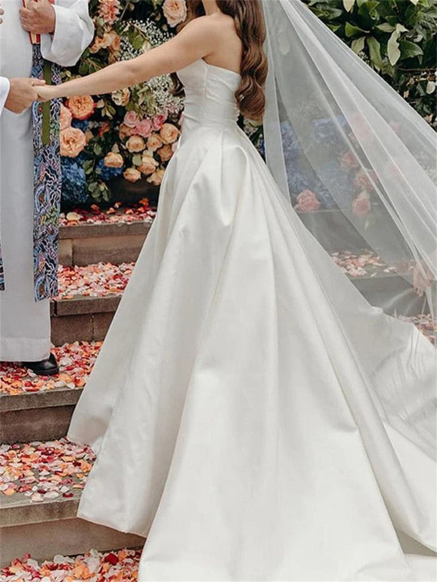 A-line/Princess Straight Pleated Chapel Train Satin Corset Wedding Dress