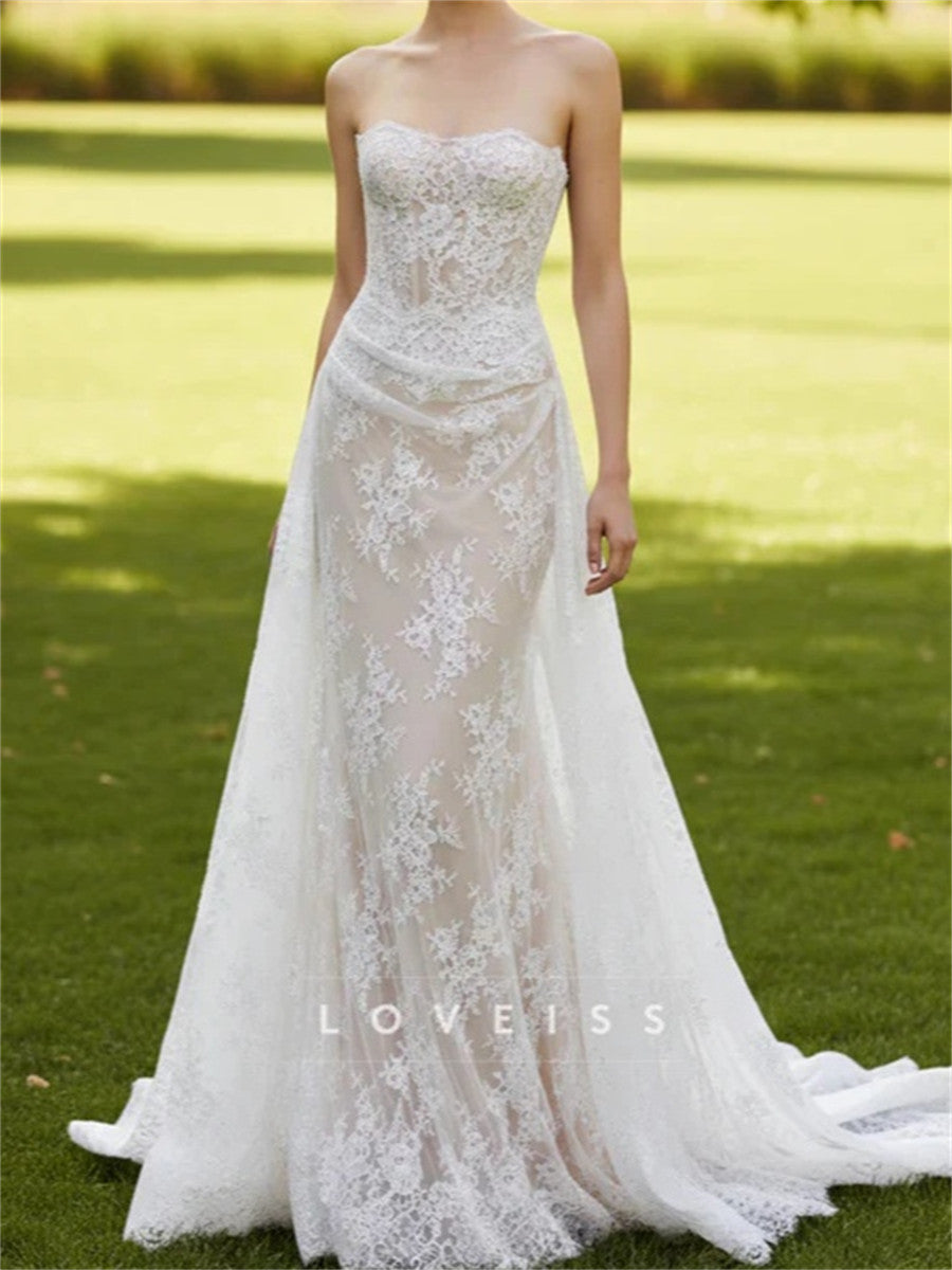 Sheath/Column Straight Appliques Lace Court Train Lace Corset Wedding Dress