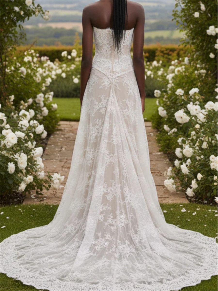 Sheath/Column Straight Appliques Lace Court Train Lace Corset Wedding Dress