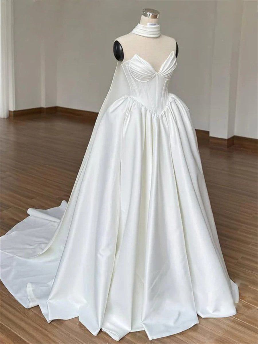 A-line/Princess Sweetheart Pleated Court Train Satin Corset Wedding Dress