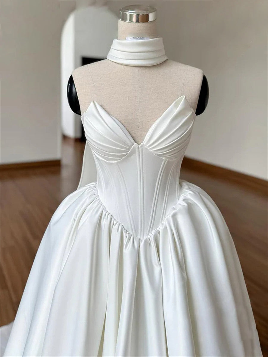 A-line/Princess Sweetheart Pleated Court Train Satin Corset Wedding Dress