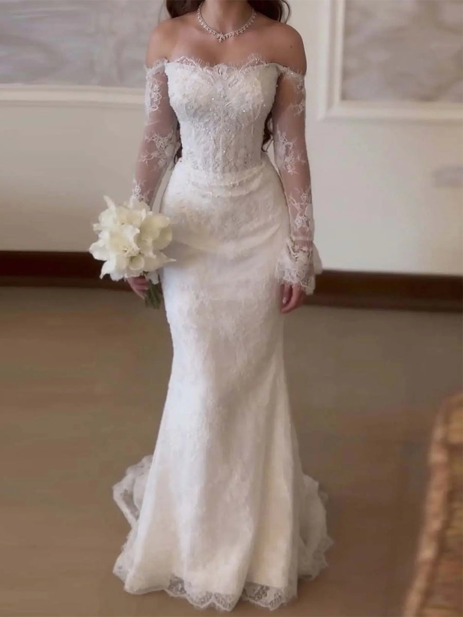 Sheath/Column Off-the-Shoulder Long Sleeves Appliques Lace Sweep Train Lace Corset Wedding Dress