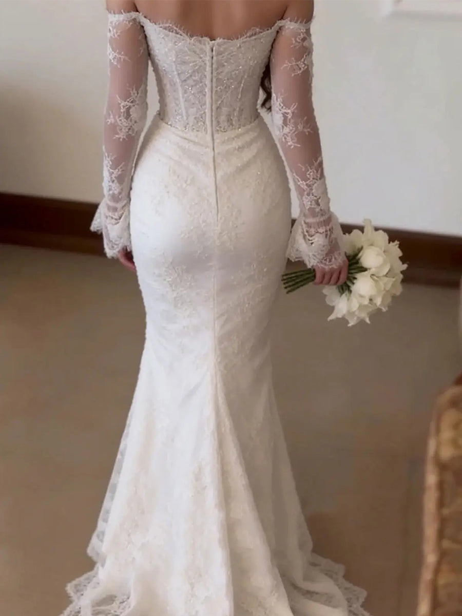 Sheath/Column Off-the-Shoulder Long Sleeves Appliques Lace Sweep Train Lace Corset Wedding Dress