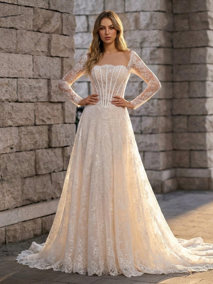 A-line/Princess Illusion Long Sleeves Ruffles Chapel Train Tulle Corset Wedding Dress